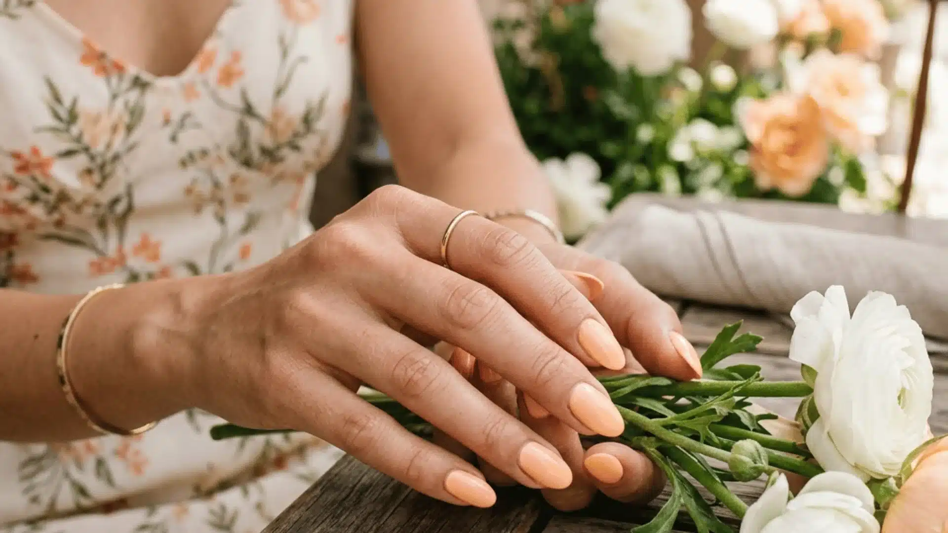 Close-up of a glossy pastel orange manicure on almond nails, holding fresh white and peach flowers