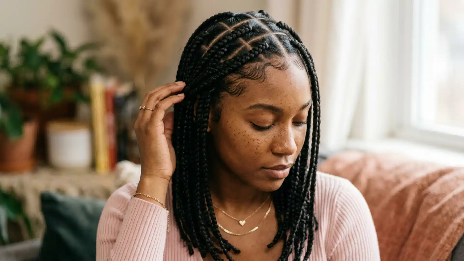Close-up of a woman with neat box braids looking down and adjusting her hair, wearing a pink top