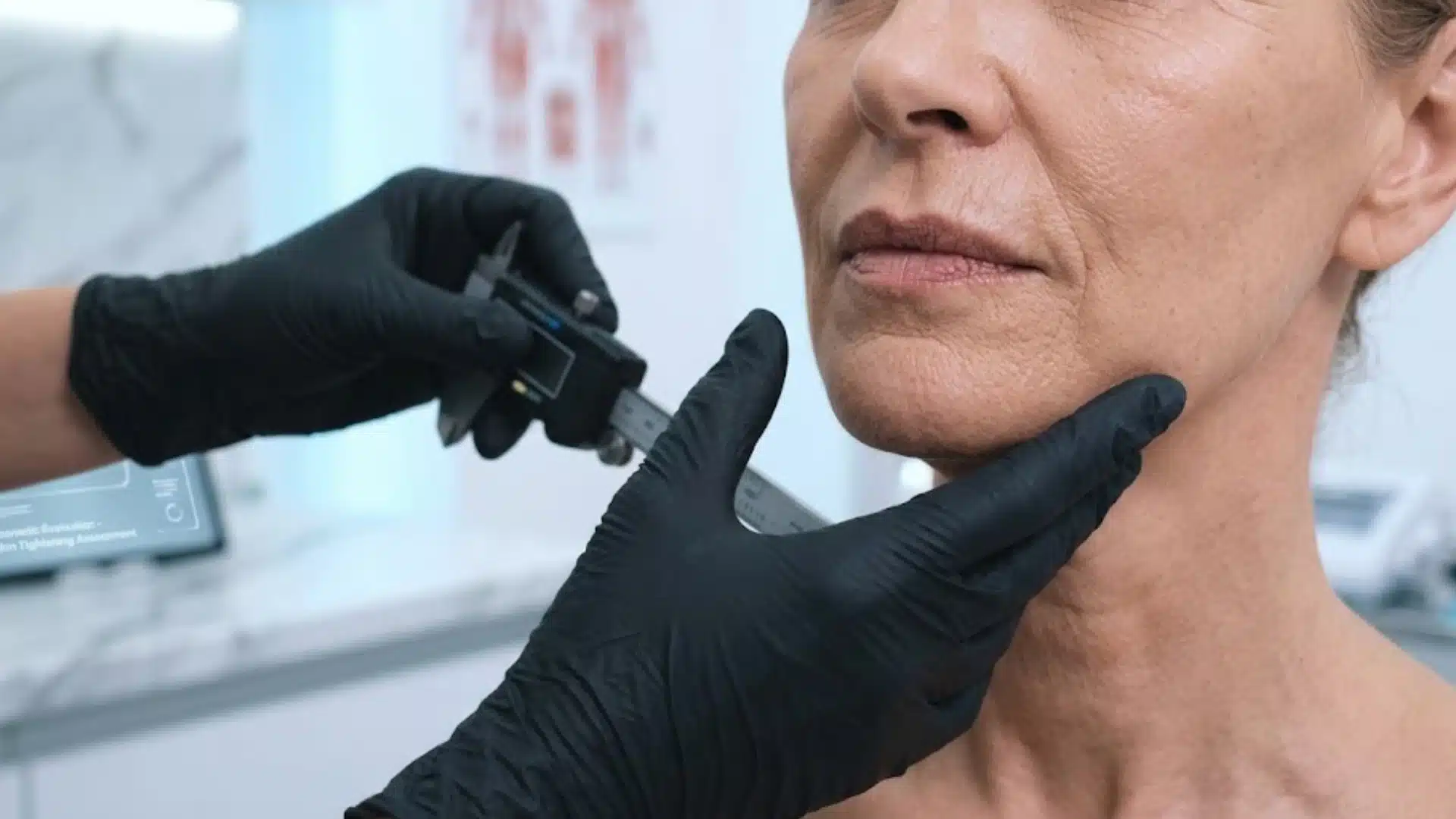 Cosmetic provider assessing facial skin laxity before choosing a skin tightening treatment plan