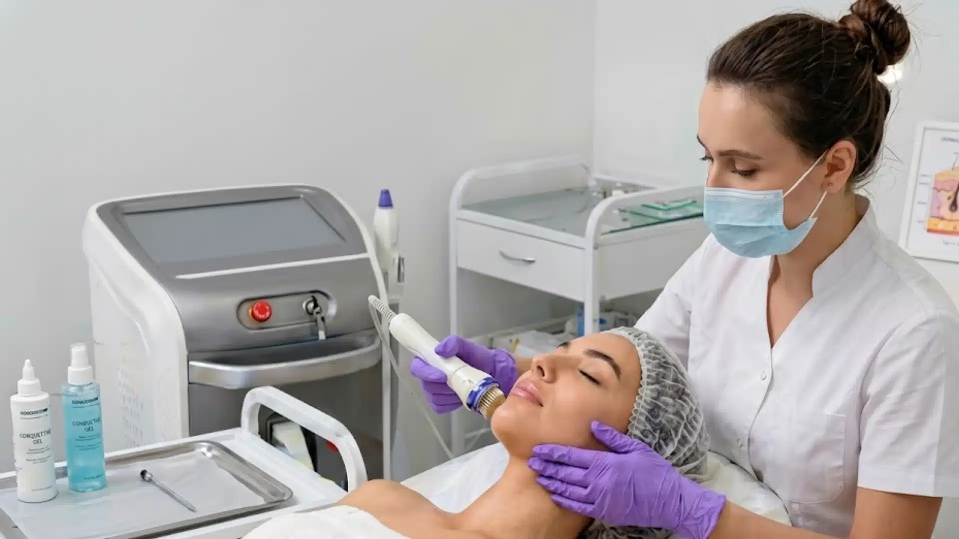 Cosmetic provider using a facial device during a skin tightening treatment in a clean clinic setting