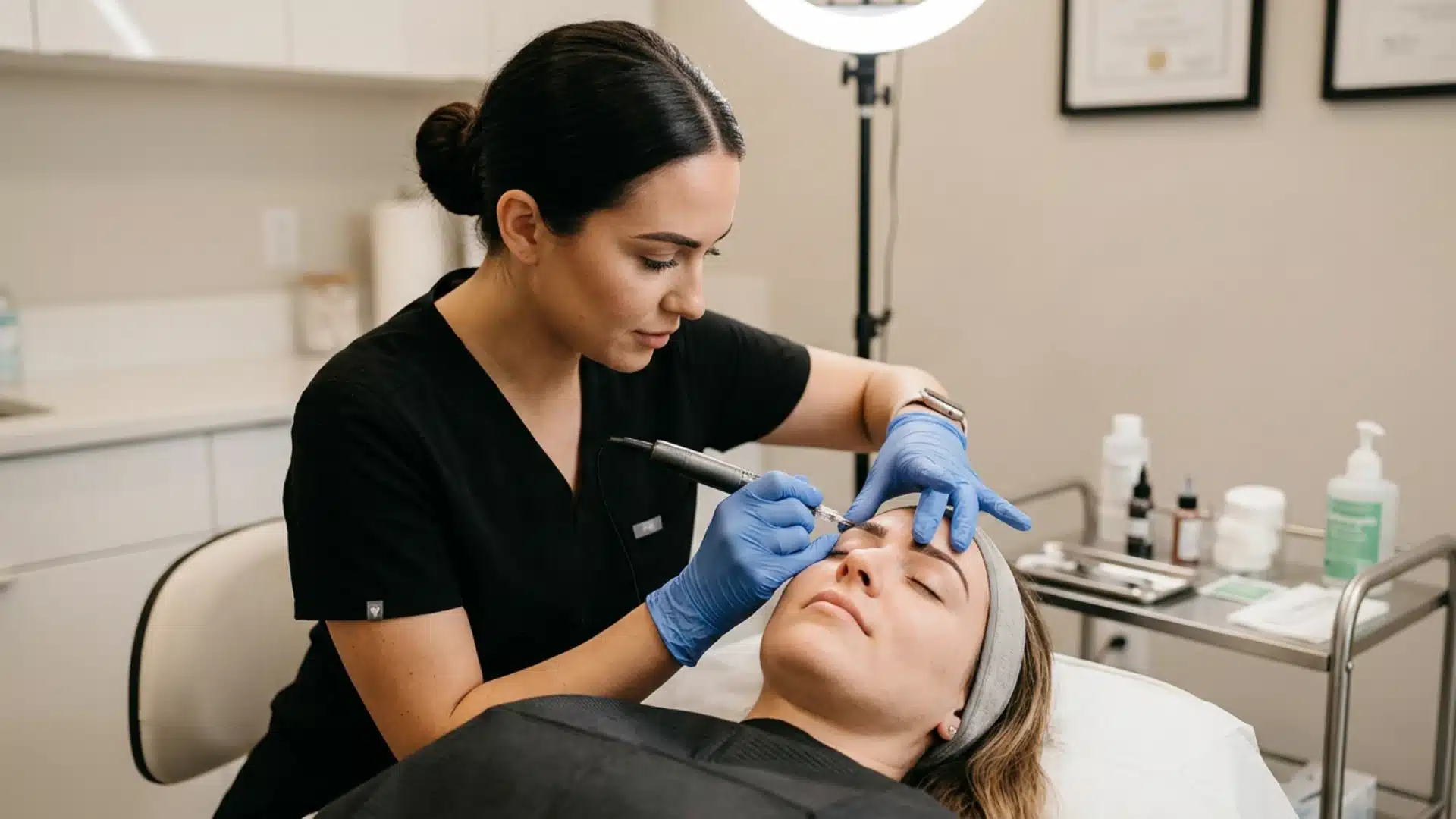 Cosmetic tattoo artist applying permanent eyebrow pigment to client in a professional clean studio setting
