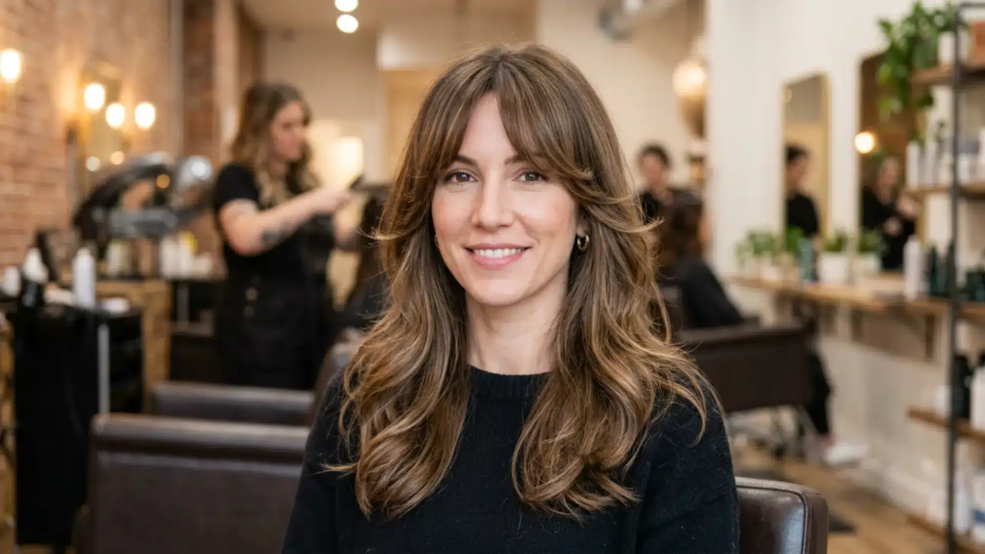 Curtain bangs with face-framing layers adding width around the cheeks.