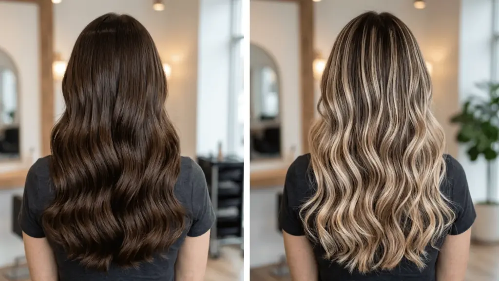 Dark brown hair with blonde balayage highlights and soft wavy salon finish
