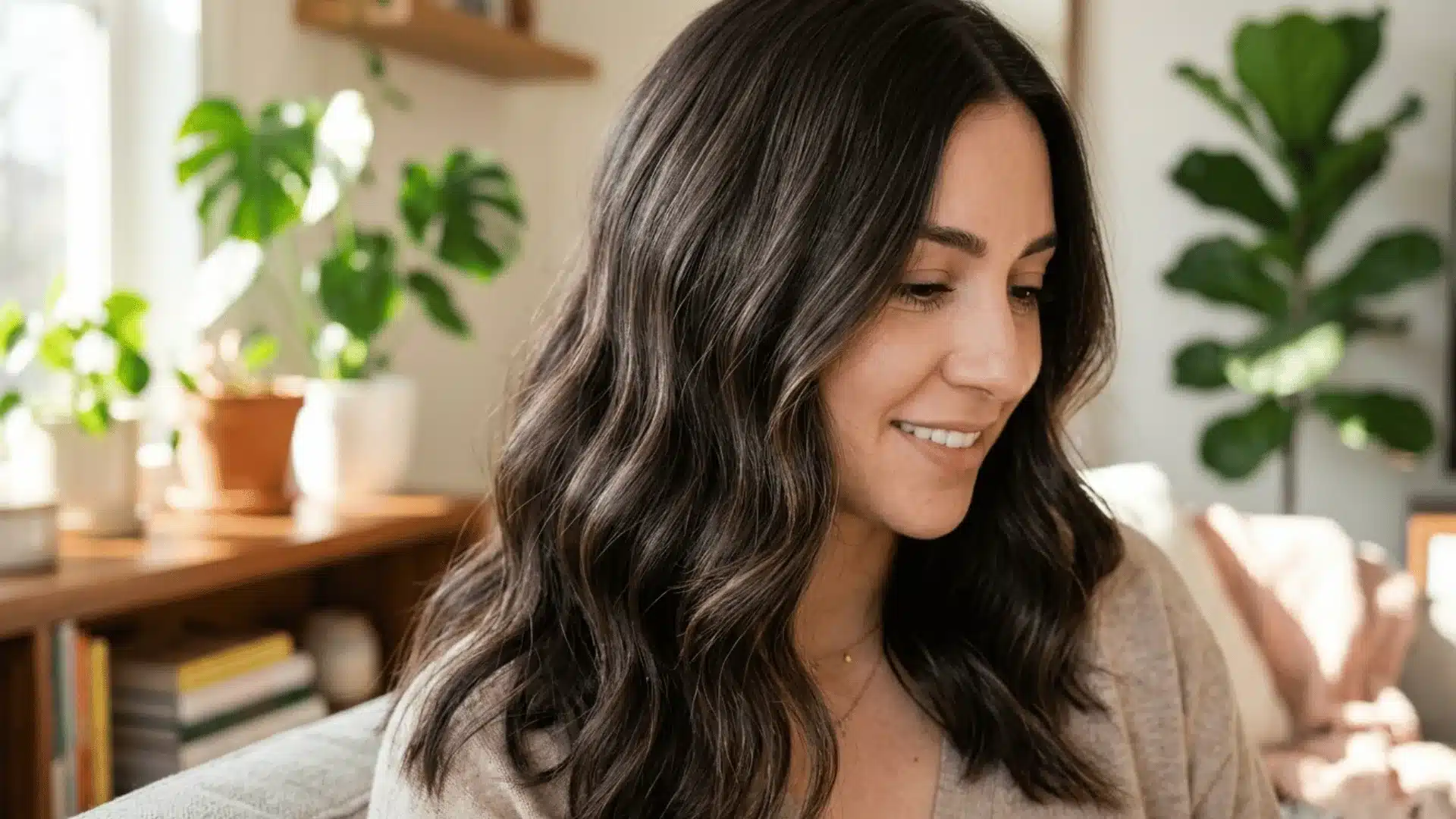 Dark brown hair with subtle babylights for natural dimension