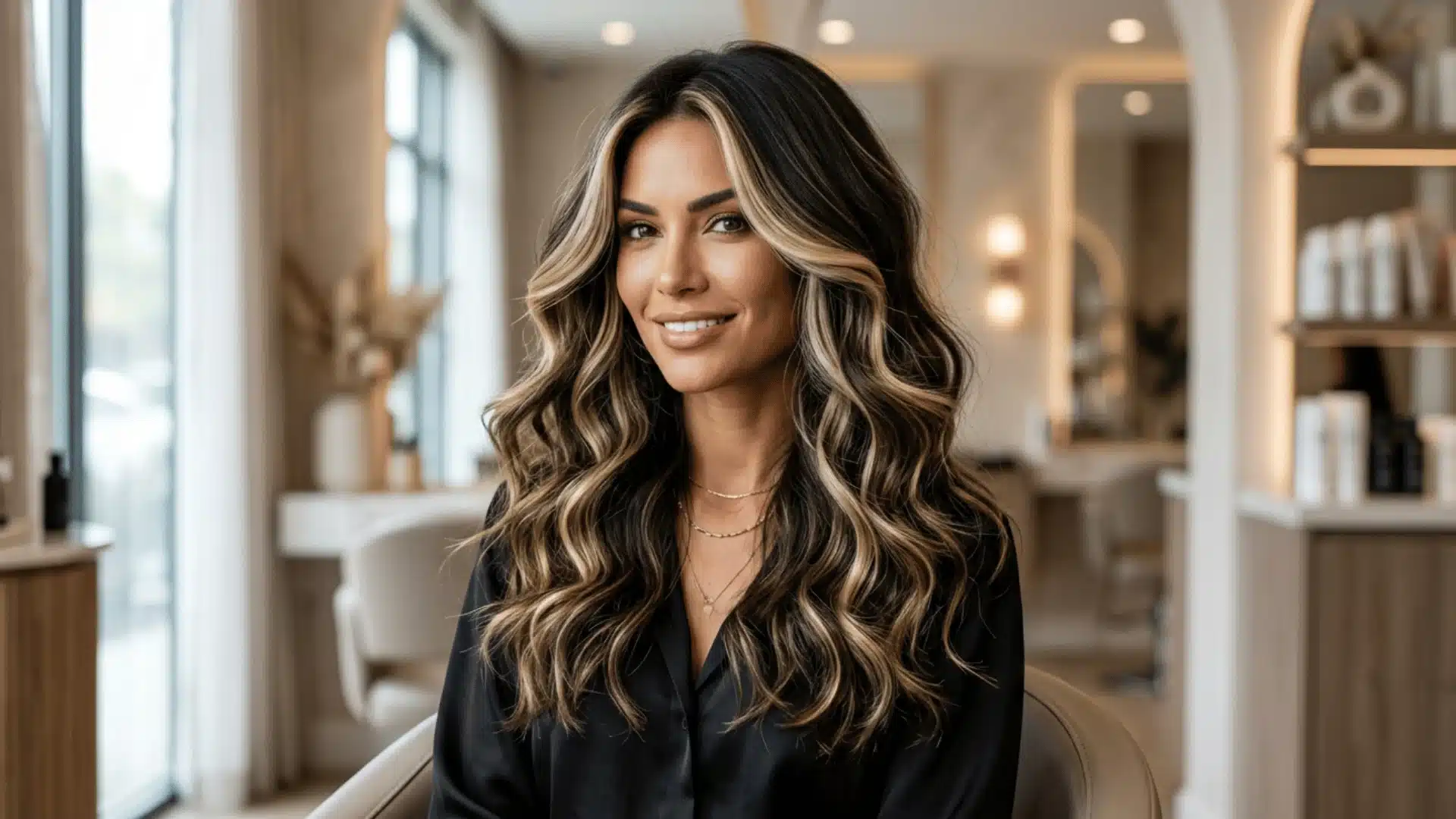 Dark brown hair with blended sandy blonde highlights and waves
