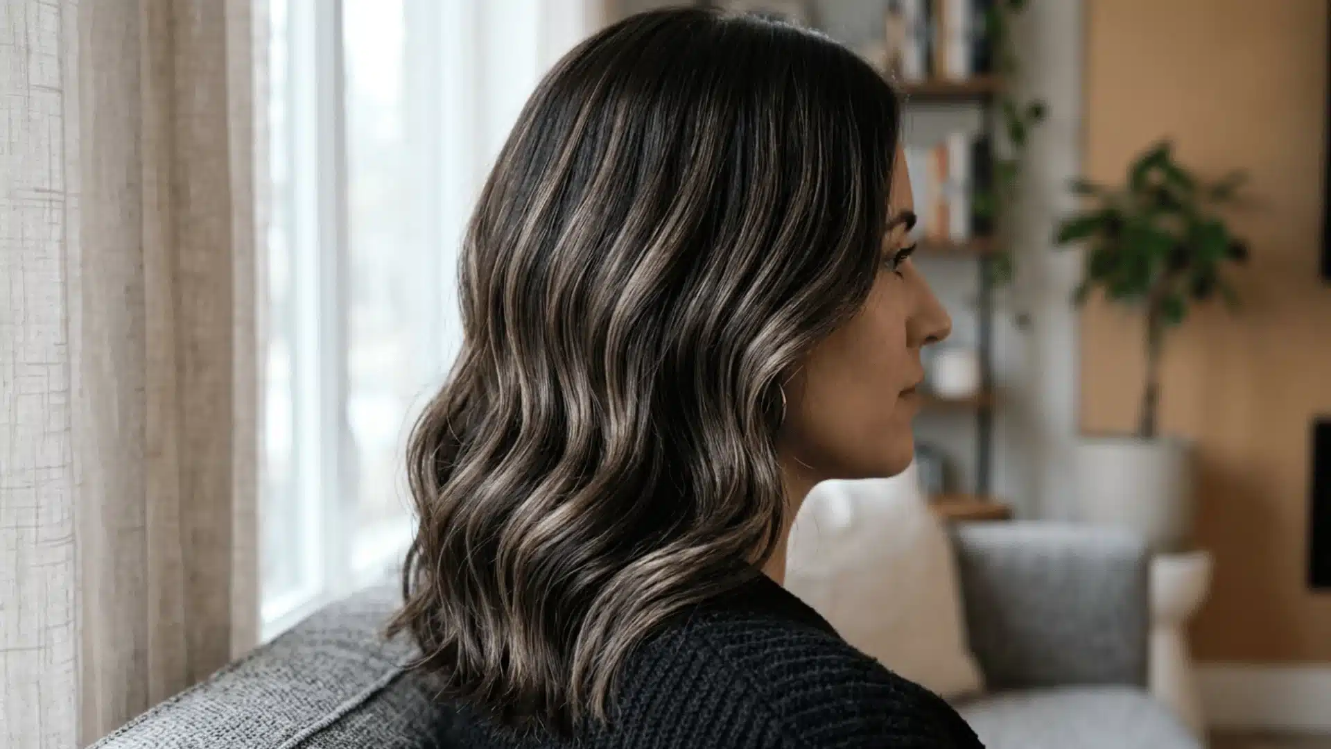 Dark brown hair with cool ash brown and mocha highlights