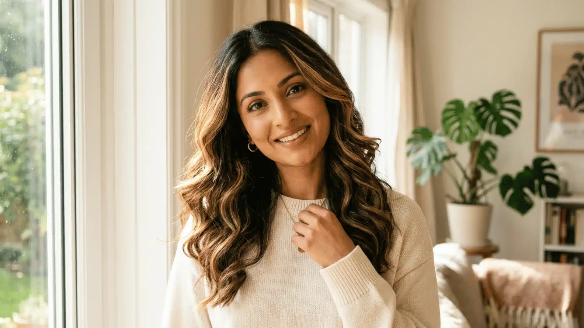 Dark brown hair with warm honey highlights and natural dimension