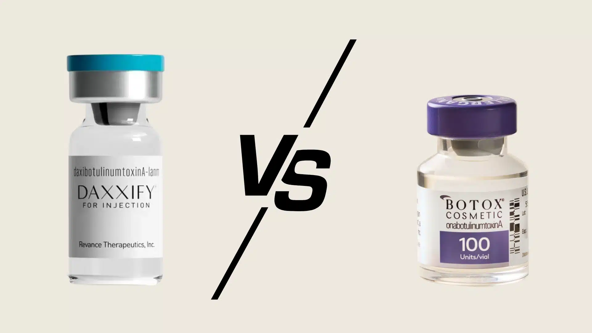 Daxxify and Botox Cosmetic vials shown side by side with a bold vs symbol for comparison.
