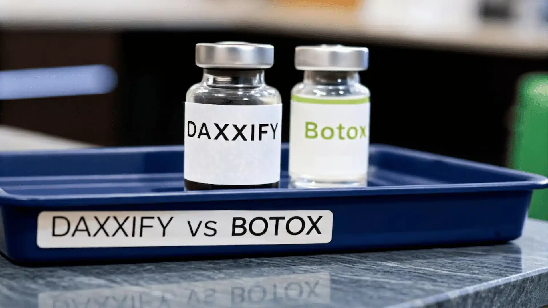 Daxxify and Botox vials placed side by side on a tray, representing a cosmetic wrinkle treatment comparison