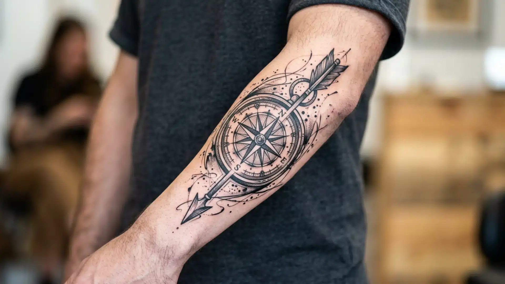 Detailed compass and arrow tattoo with black ink splatters on a man's forearm, pointing toward his wrist
