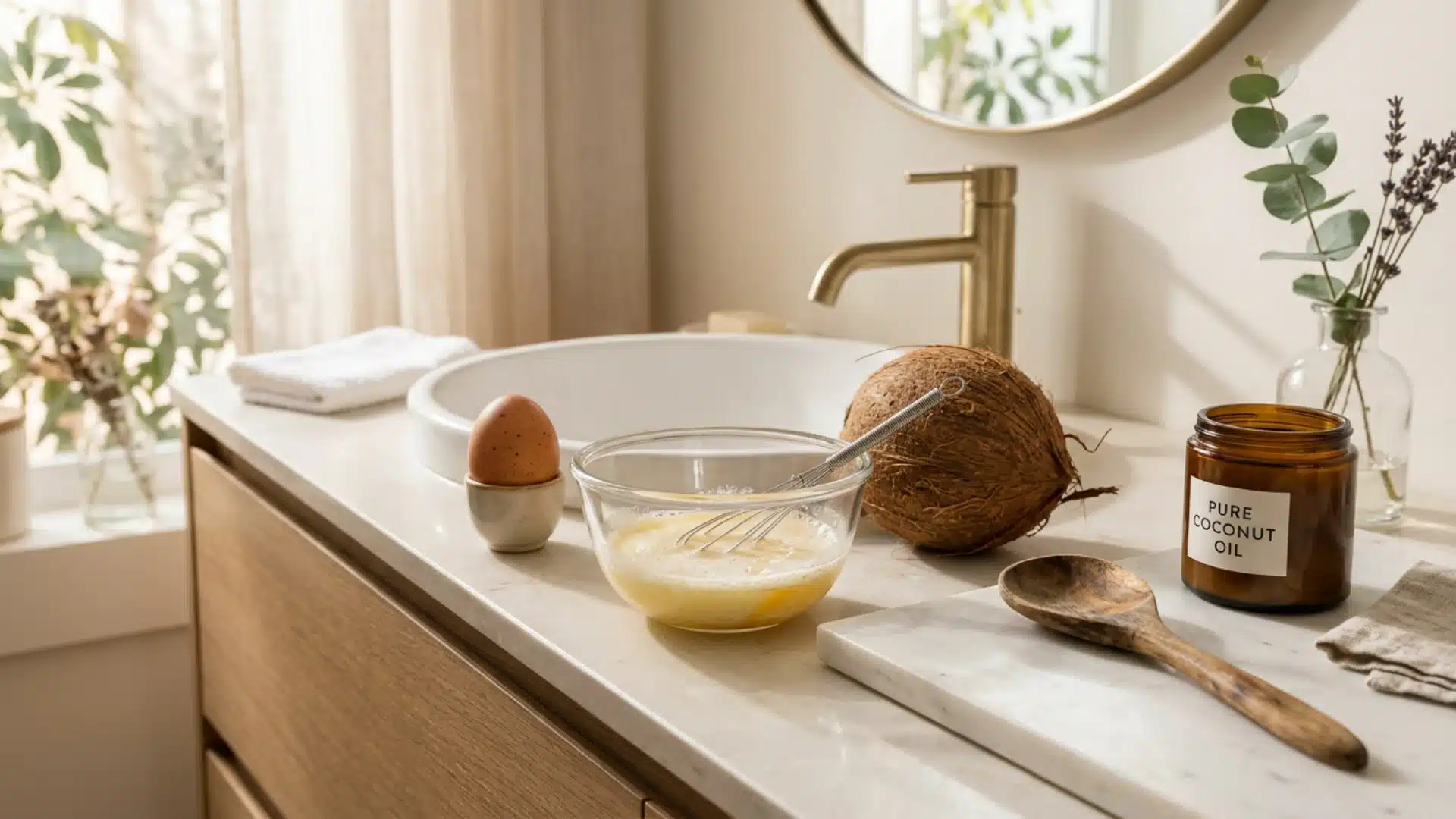 Egg and coconut oil hair mask ingredients on a bathroom counter