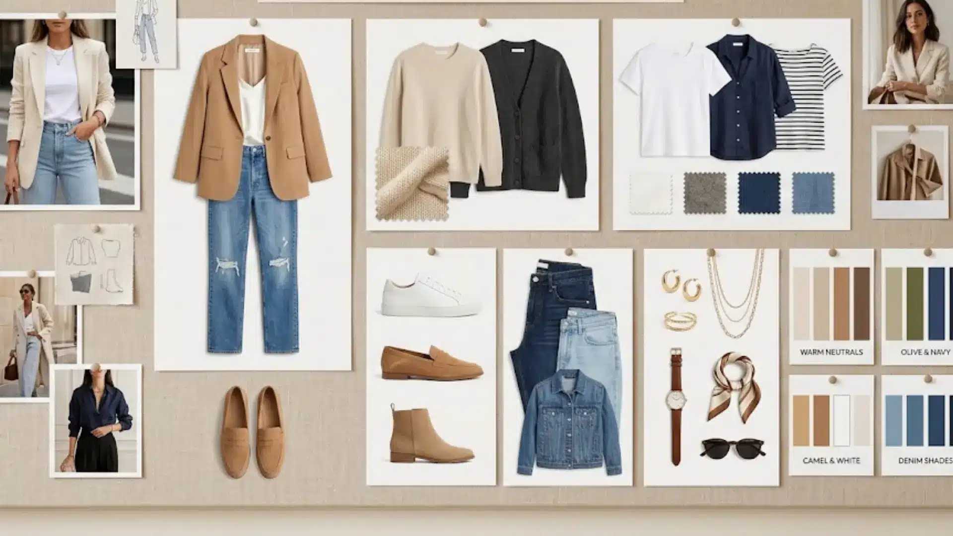 Essential style guide mood board with neutral outfits, denim, shoes, and accessories