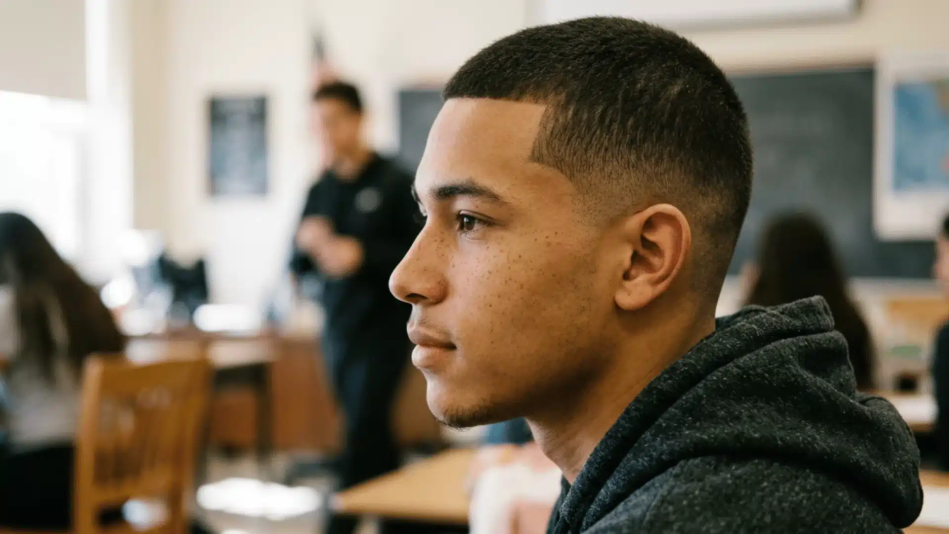 Fair skinned man with a low fade buzz cut and soft blending above the ears