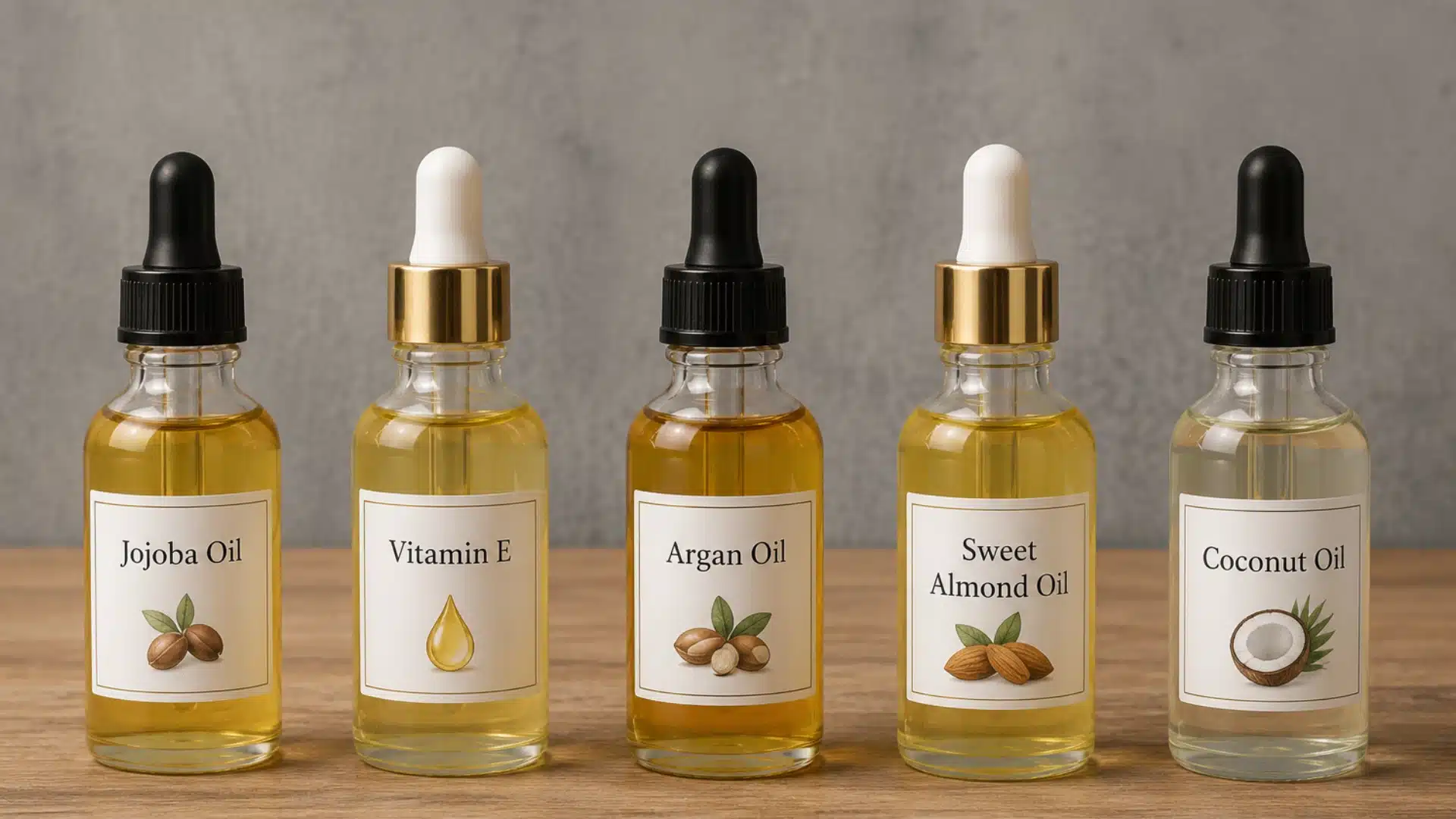 Five labeled dropper bottles of jojoba, vitamin E, argan, almond, and coconut oils on a wooden table