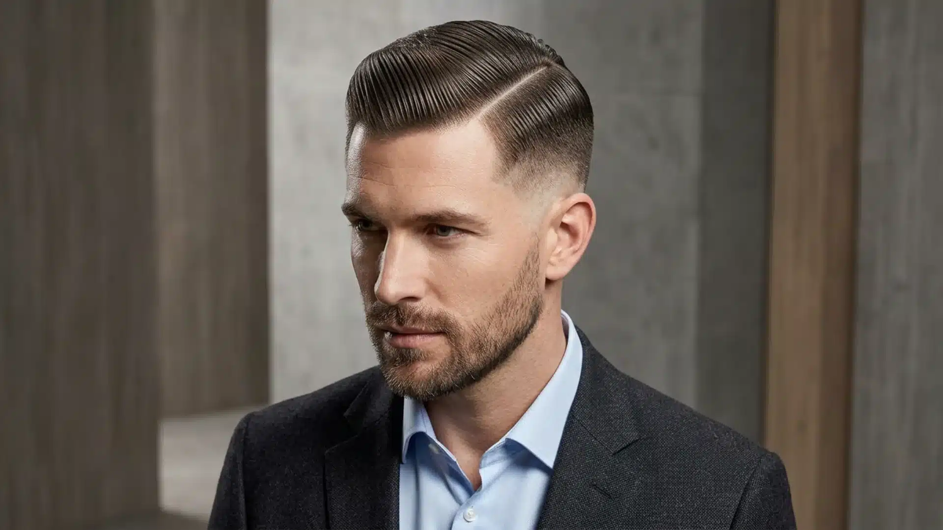 Formal editorial portrait of slick back side swept crew cut with visible comb lines and high fade