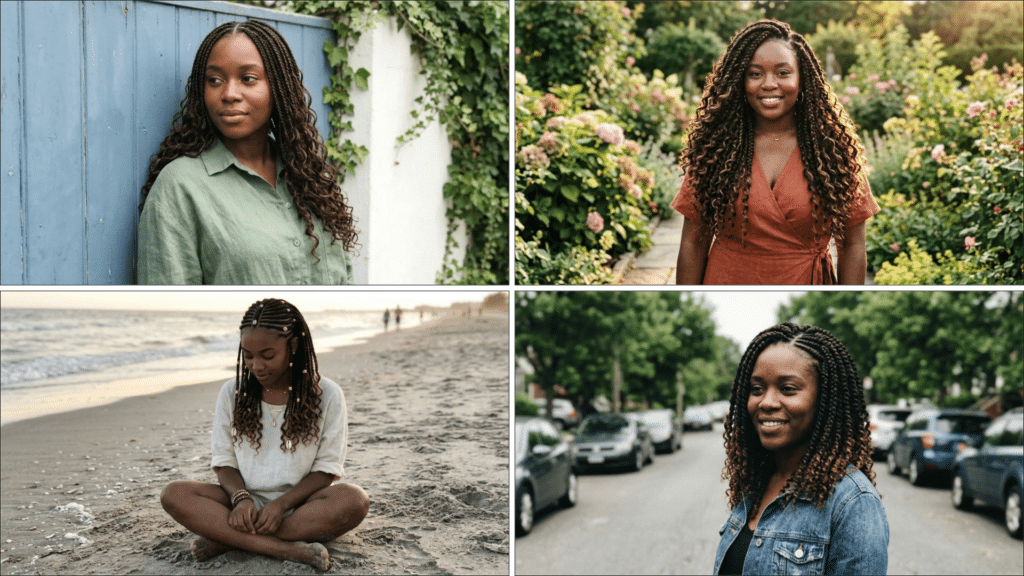 Four Black women wearing different boho braid styles in casual outdoor settings, including a garden, beach, and street