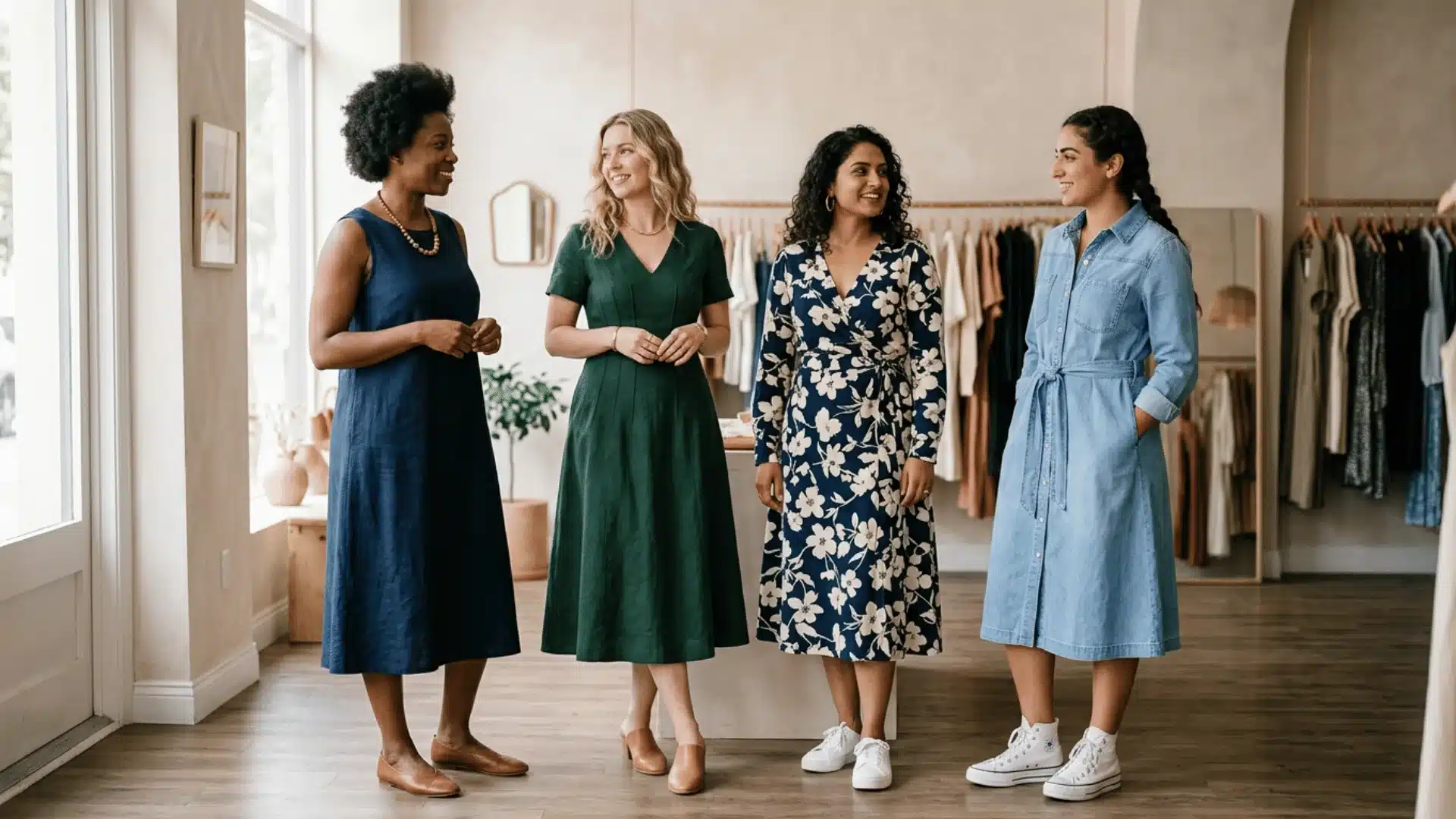 Four women wearing different A-line dress styles in a bright boutique setting