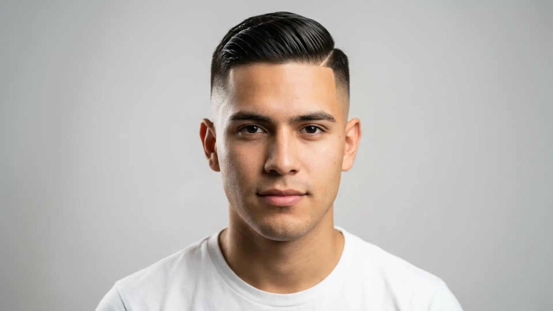 Front-facing close-up of high skin fade side swept crew cut, bare sides and swept top