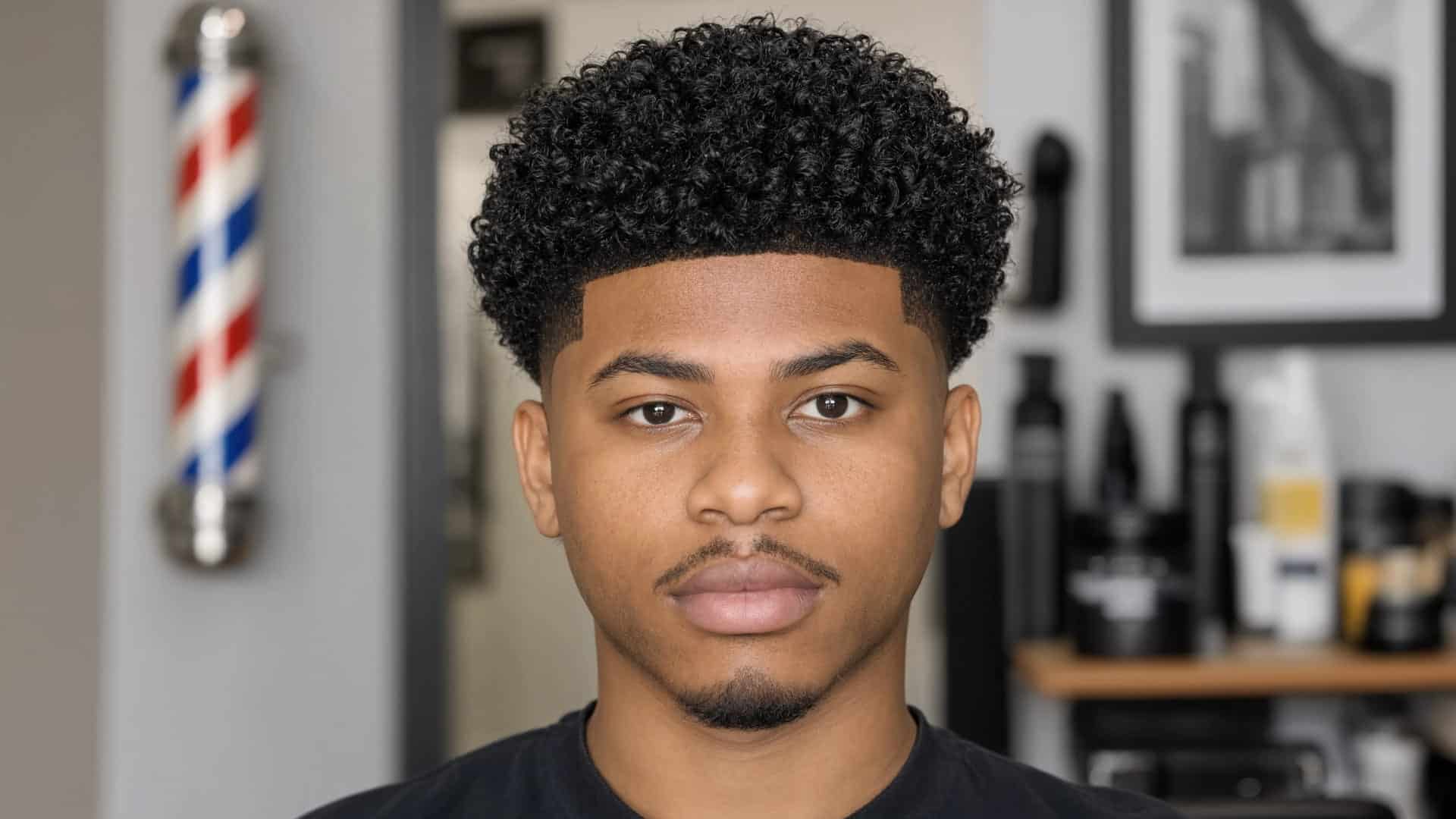 Front portrait of a young man with a curly Caesar haircut and sharp lineup in a barbershop