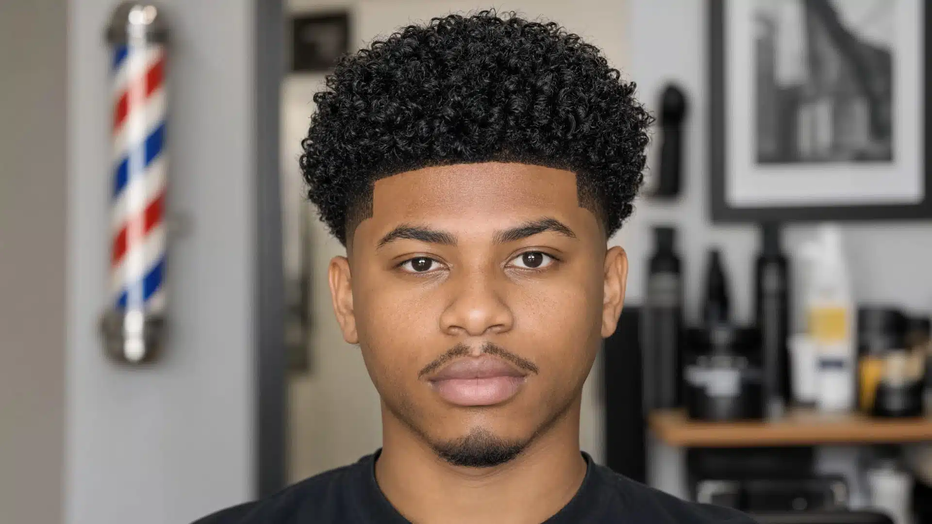 Front portrait of a young man with a curly Caesar haircut and sharp lineup in a barbershop