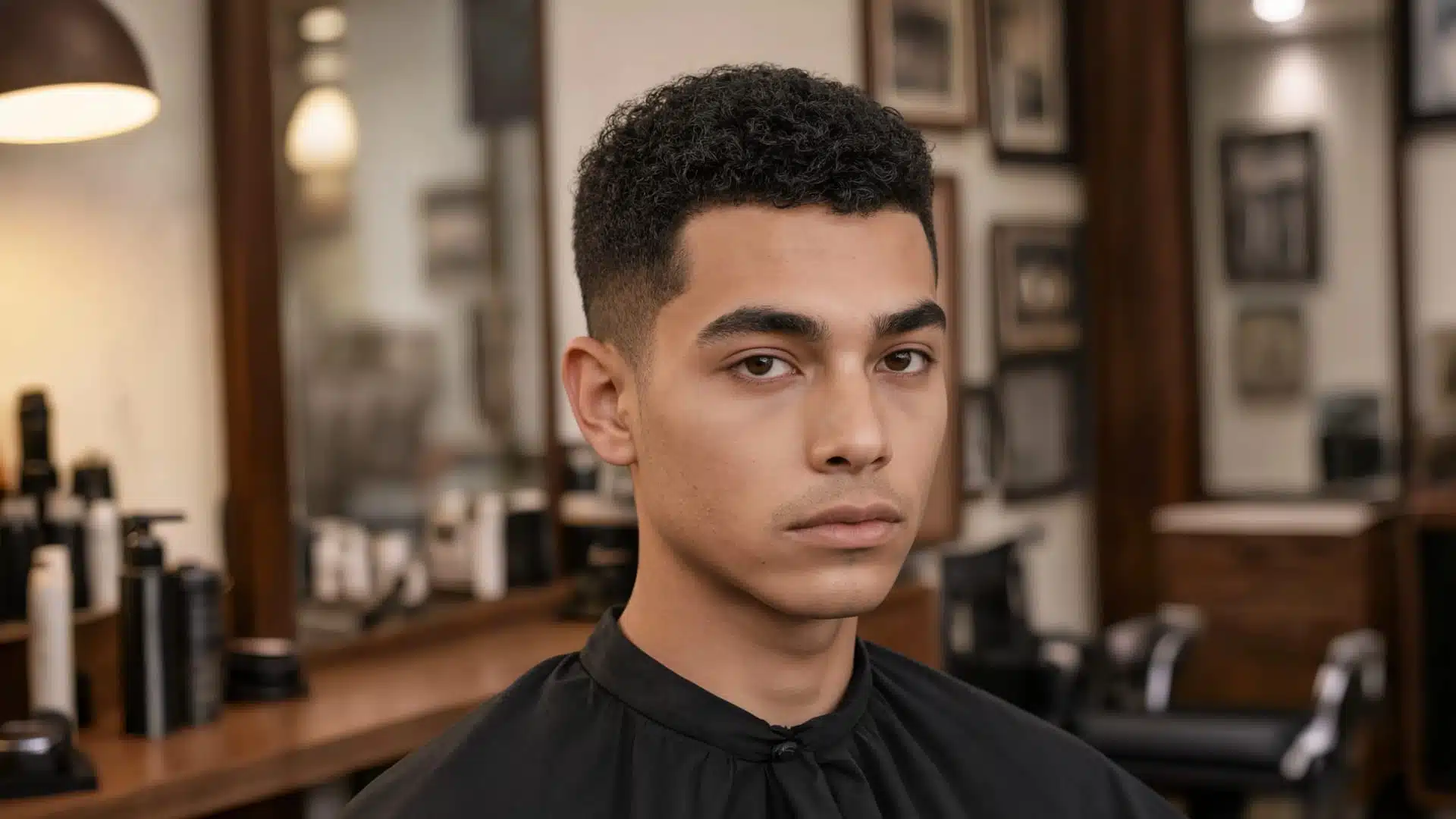 Front view of a young man with a curly Caesar haircut and a clean taper fade in a barbershop setting