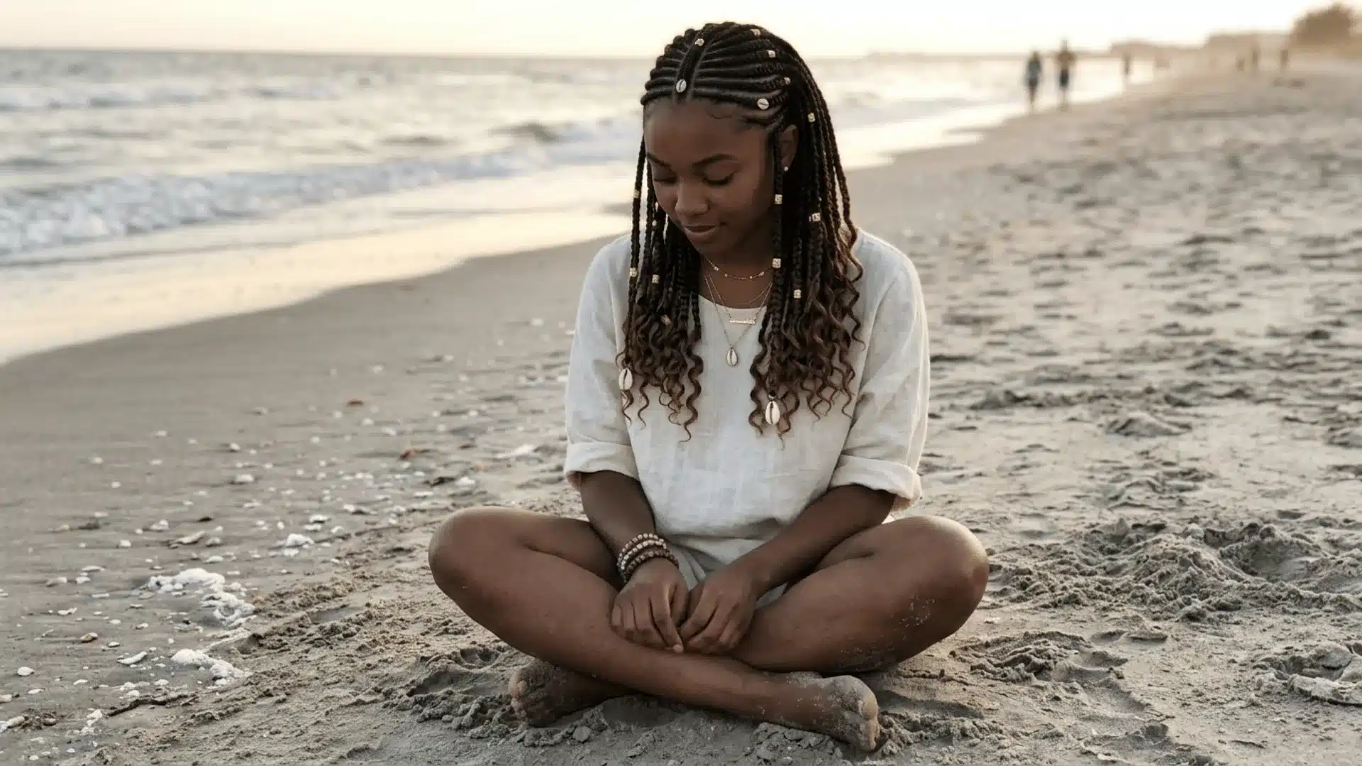 _Fulani boho braids with face-framing pieces, gold beads, shell accessories, and soft curly ends on a golden-brown-skinned woman at the beach