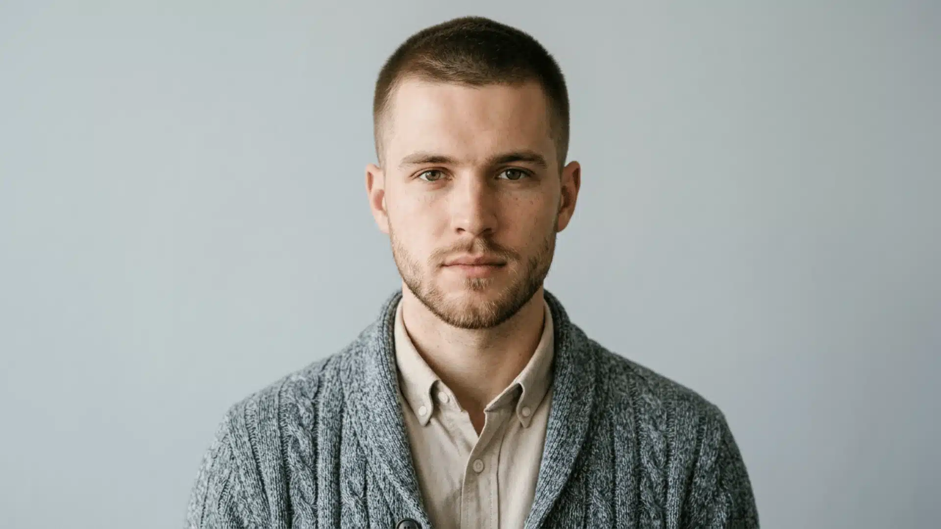 Ginger haired man with a brush cut featuring stiff upright hair brushed backward