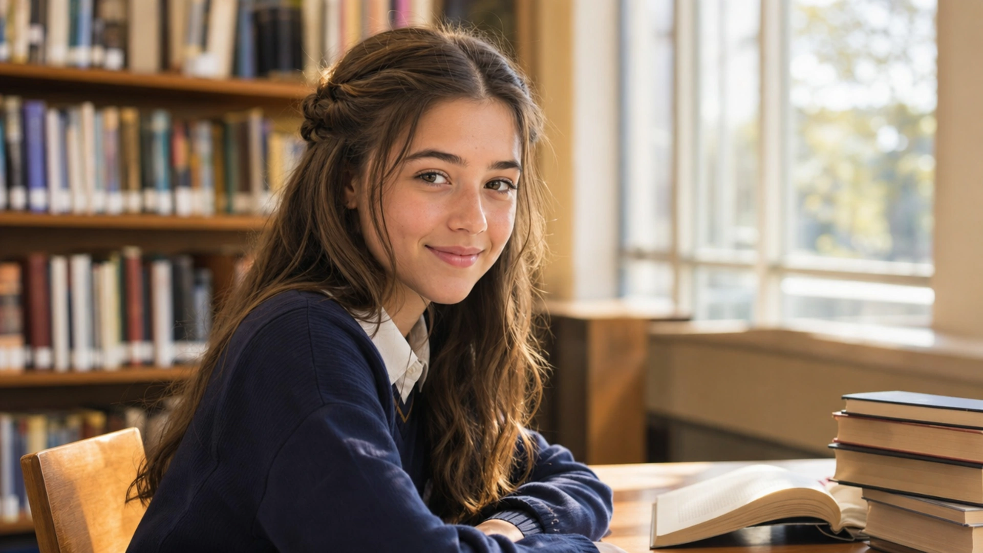 Girl with a half-up twist hairstyle featuring two twisted sections secured at the back and loose hair below.