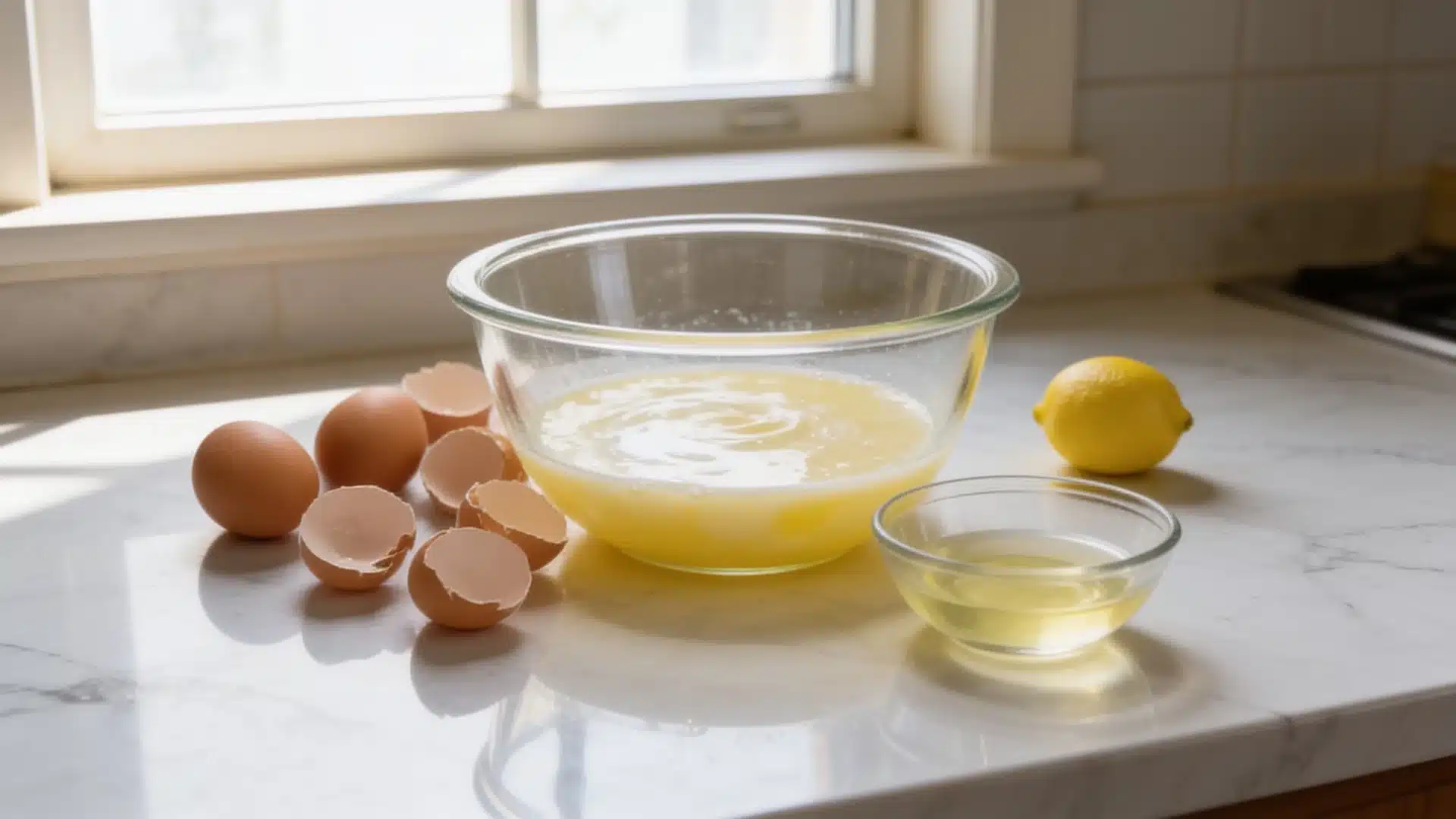 Glass bowls with egg white and lemon mixture beside cracked eggs and a lemon on a kitchen counter