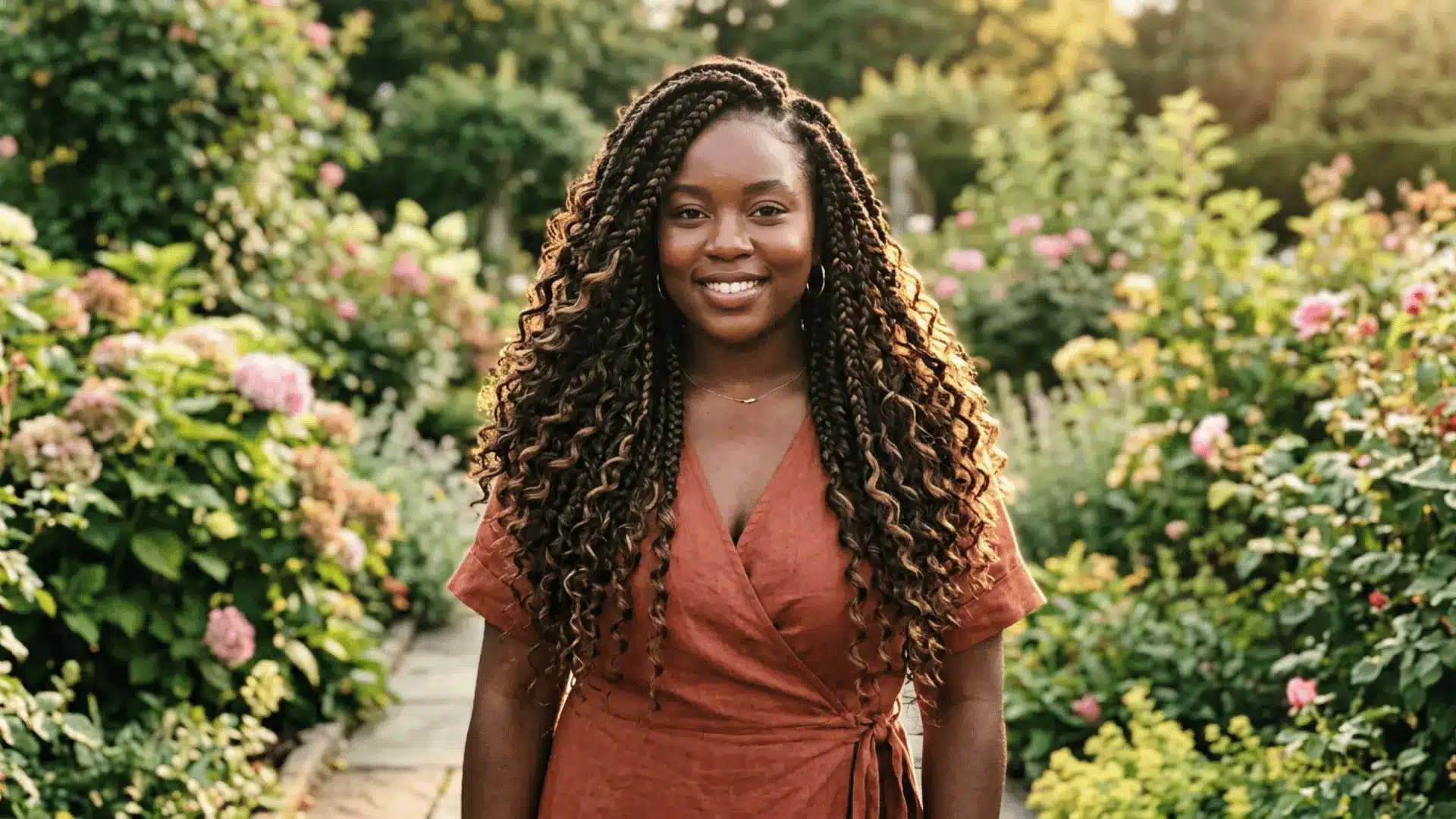Goddess boho braids with large sections and loose curls throughout the full length on a deep brown-skinned woman in a garden at golden hour