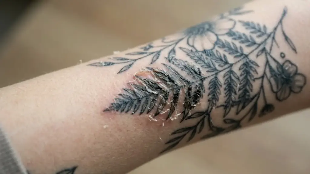 Healing tattoo peeling with light translucent flakes