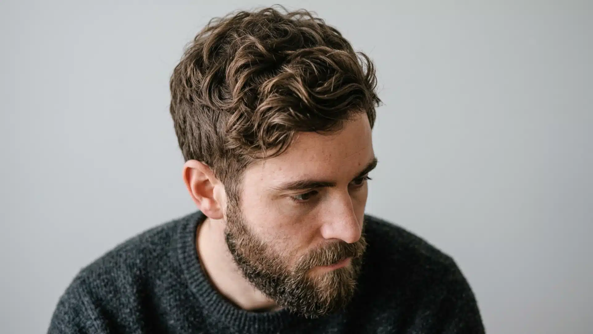 High-angle profile of a man with thick, wavy brown hair and a full beard, looking down against a plain gray background