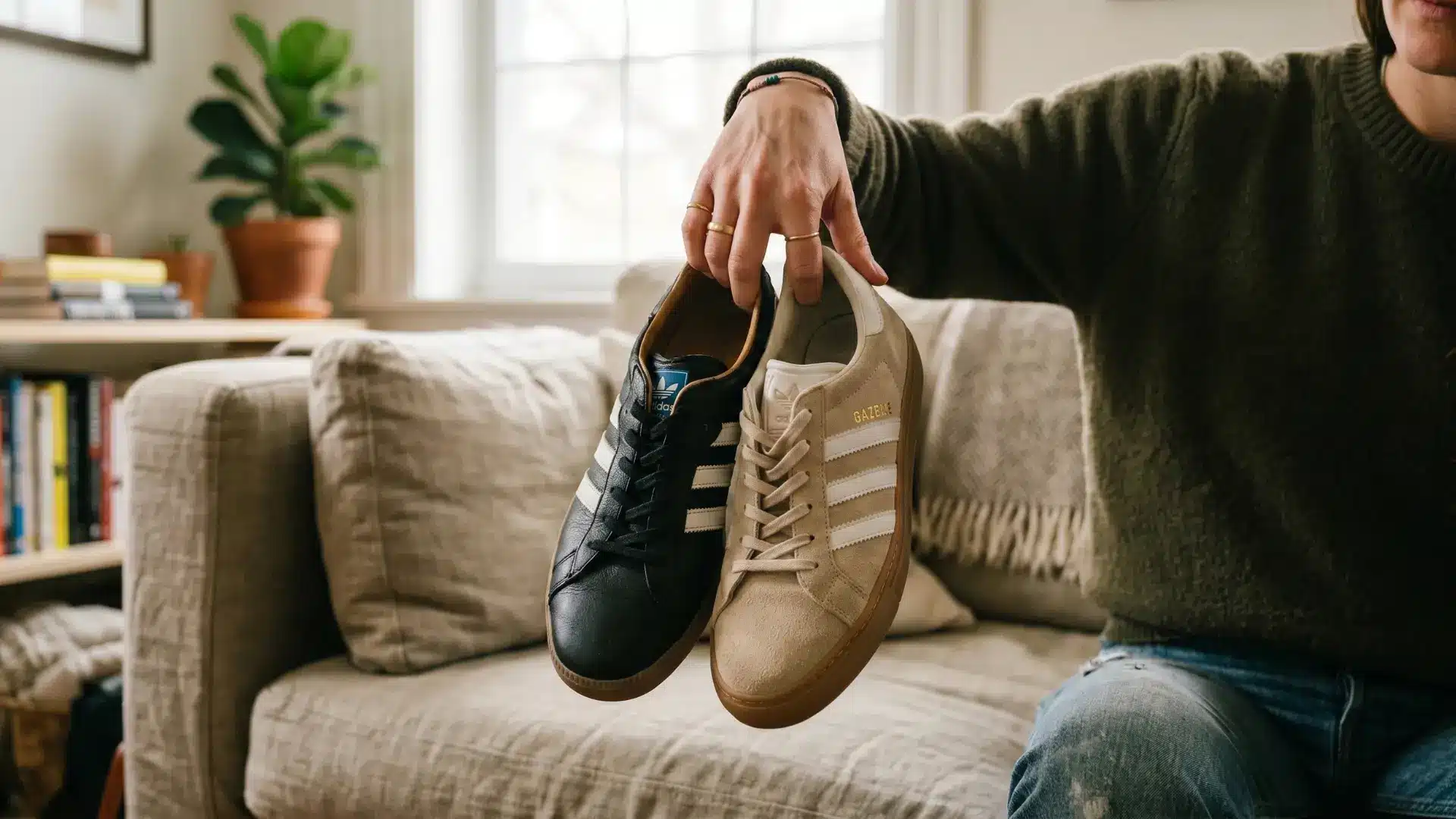 Holding Adidas Gazelle and Samba sneakers side by side showing heel and silhouette differences
