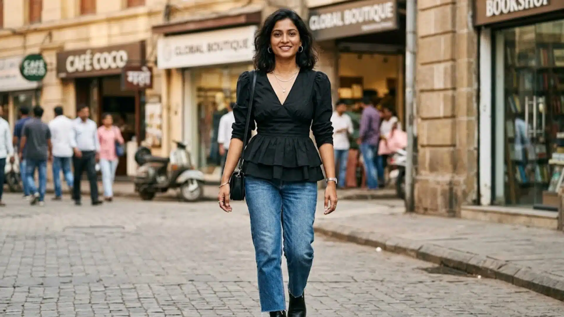 Indian woman in a black peplum blouse and blue jeans walking on a city street in a smart casual outfit.