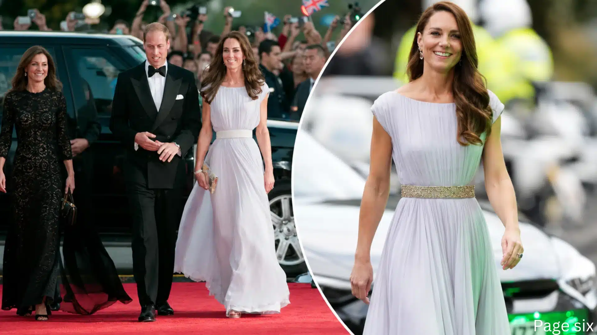 Kate middleton in a white A-line gown walking at a formal event