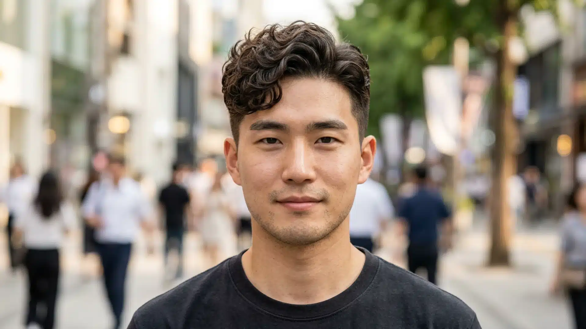 Korean man with curly texture side swept crew cut on a blurred city street