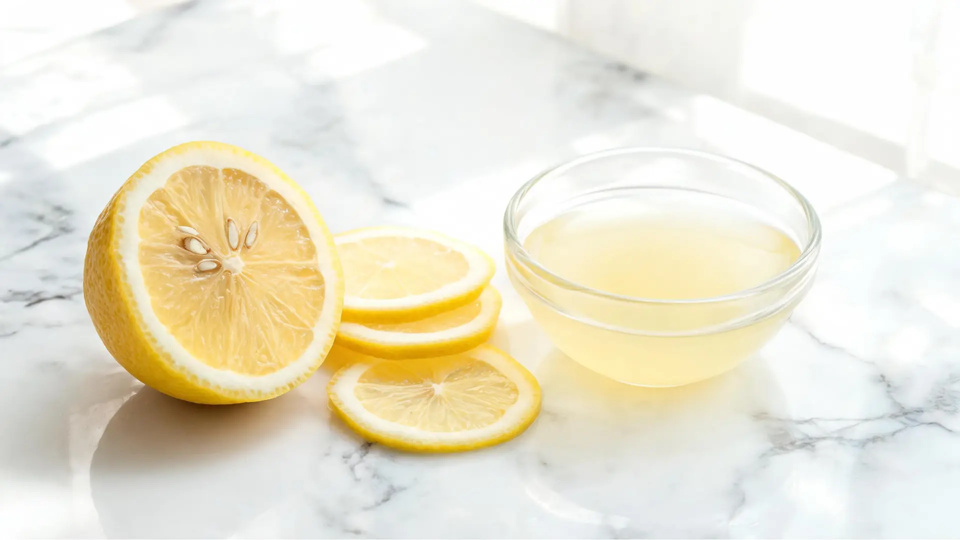 Lemon slices and lemon juice on a marble counter.