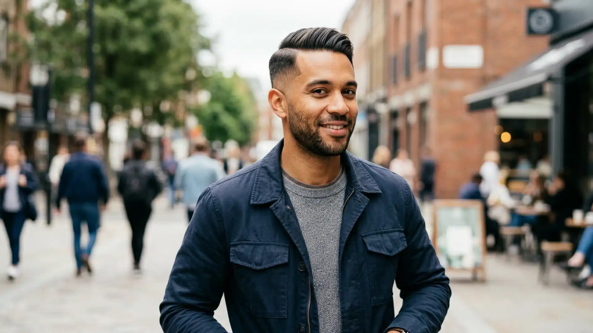 Lifestyle portrait of side swept crew cut with skin fade and balanced stubble