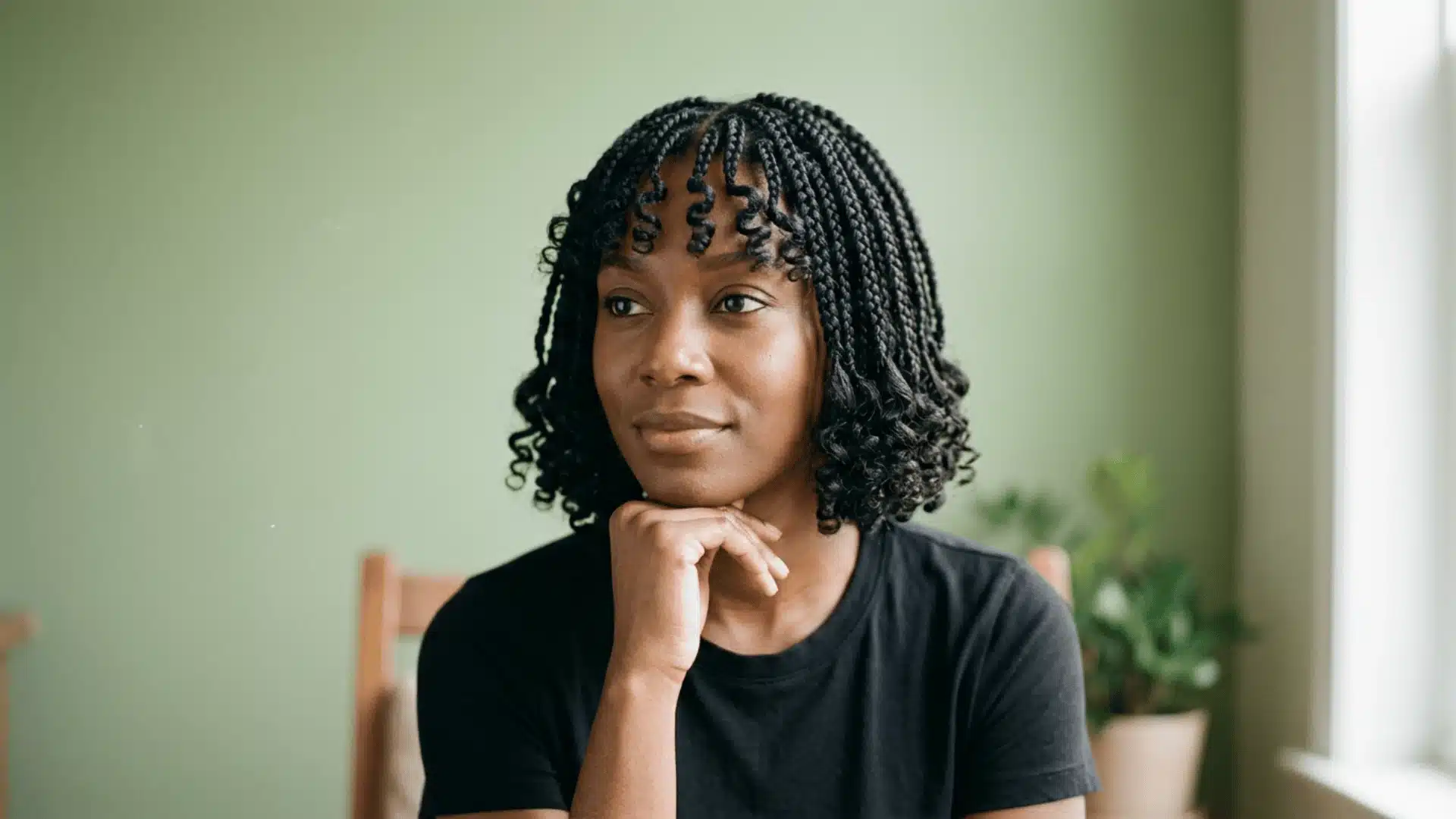 Light brown-skinned woman with a chin-length boho braid bob and curly ends against a sage green wall