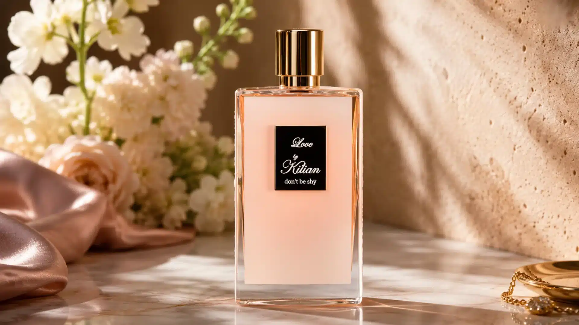 Love by Kilian perfume bottle with flowers and warm luxury background