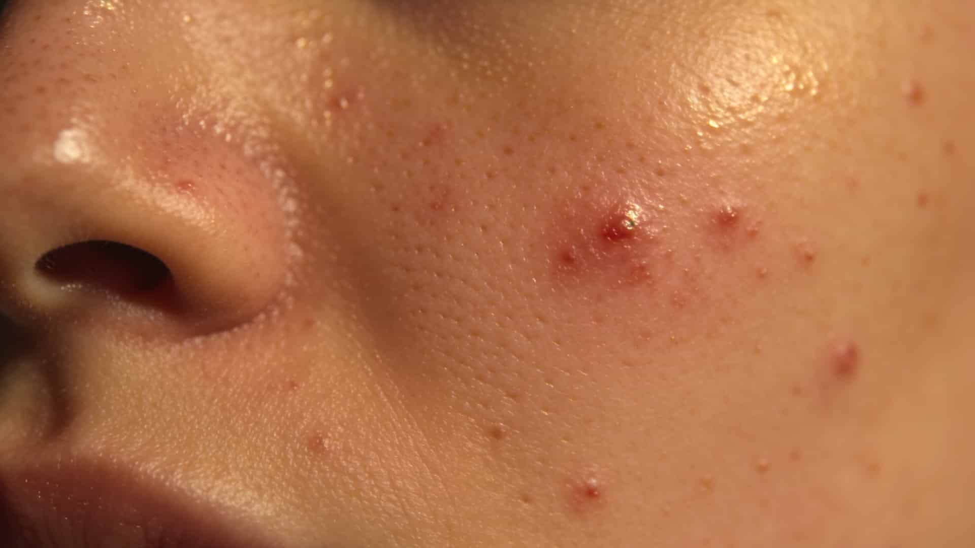 Macro shot of a person's cheek showing severe acne breakouts and red blemishes.