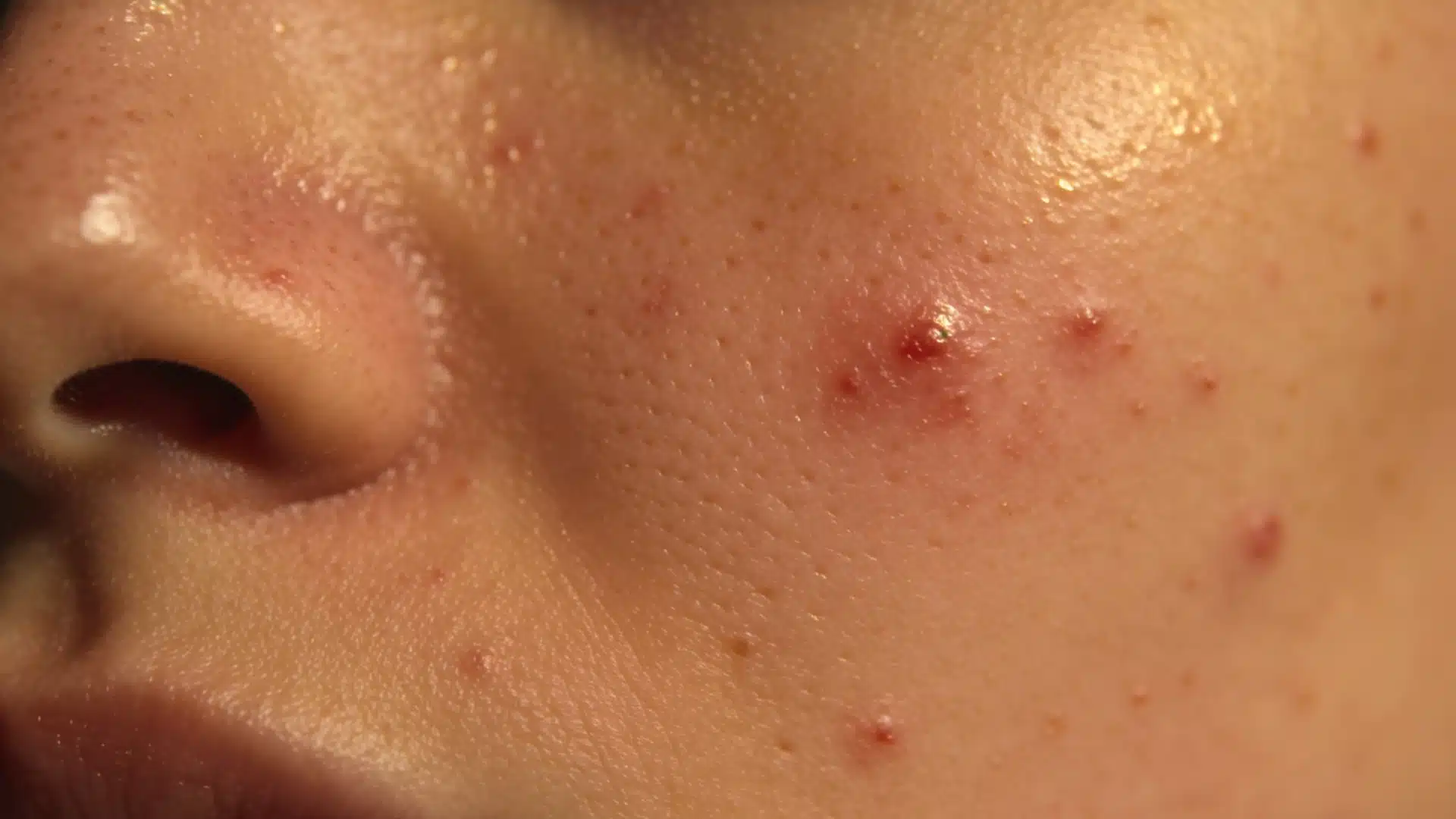 Macro shot of a person's cheek showing severe acne breakouts and red blemishes.