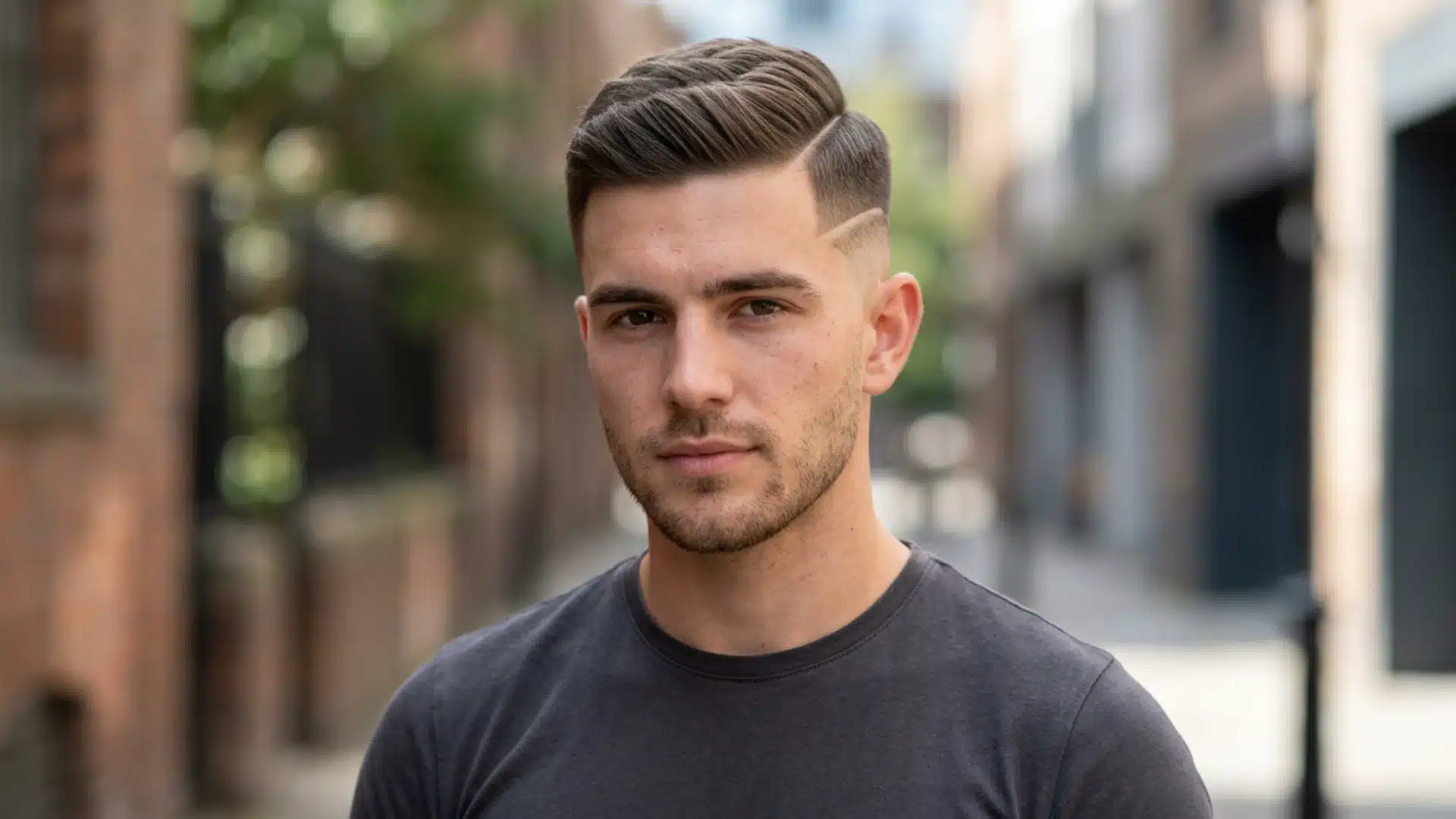 Macro side detail of shaved razor line design in the fade of a side swept crew cut