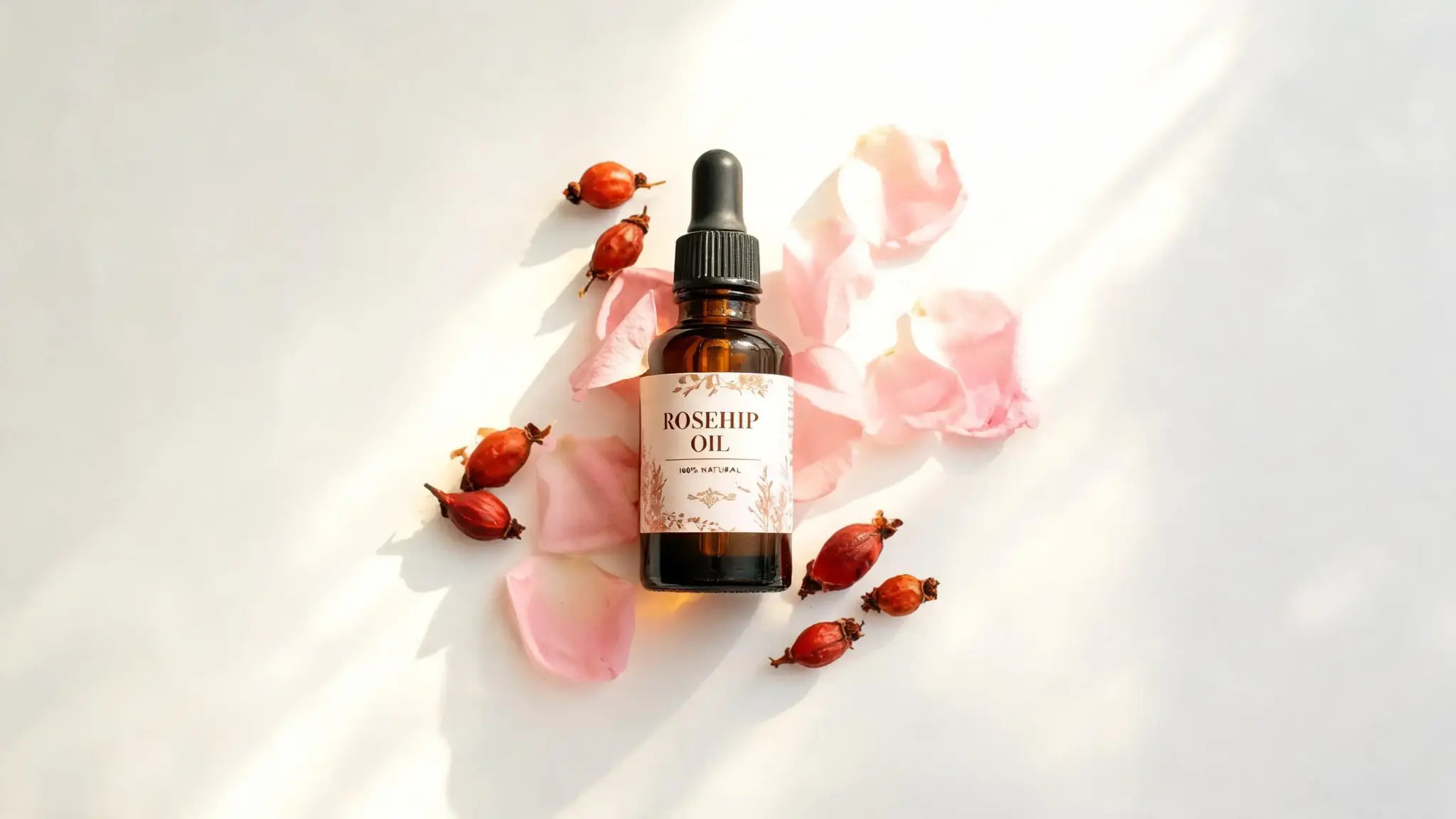 Rosehip oil bottle with rose petals and rosehips.