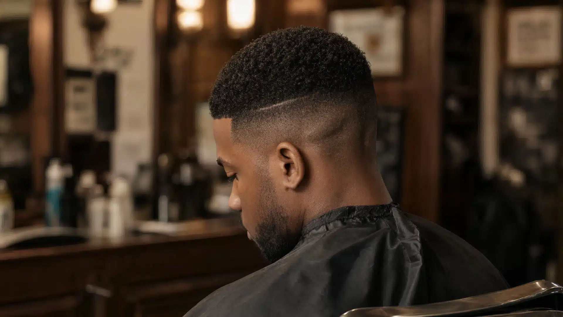 Man from the side showing a fresh skin fade and surgical line in a barbershop