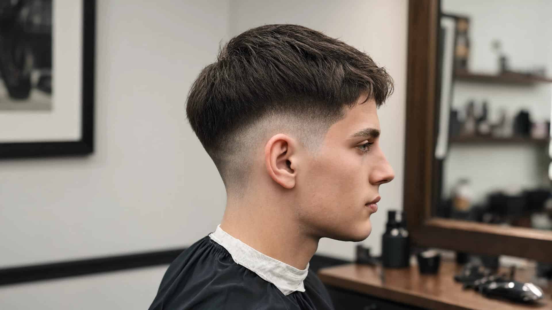 Man in a barbershop showing a textured Caesar haircut with a sharp mid-skin fade