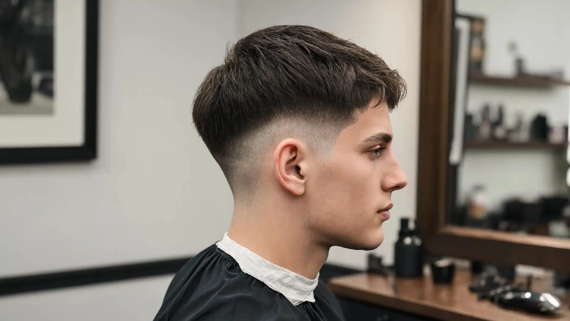 _man in a barbershop showing a textured Caesar haircut with a sharp mid-skin fade