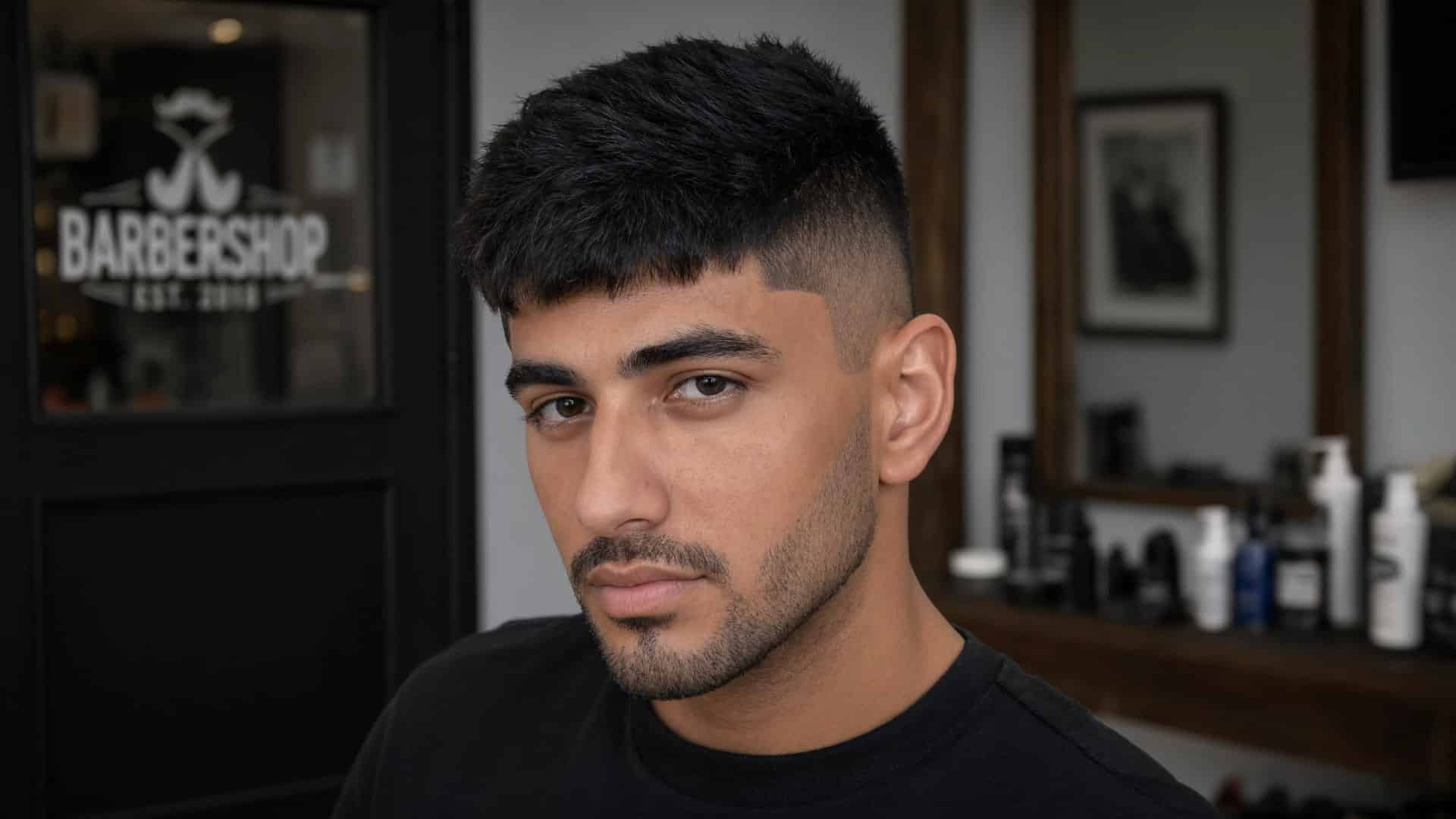 man in a barbershop showing a thick, dark Caesar cut with a sharp skin fade and trimmed beard