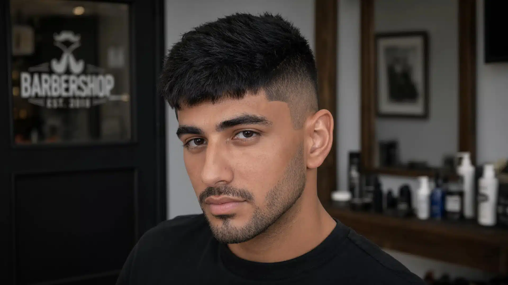 man in a barbershop showing a thick, dark Caesar cut with a sharp skin fade and trimmed beard