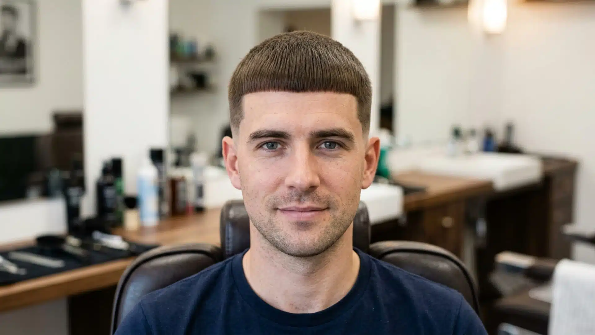 Man sitting in a barbershop chair showing off a classic Caesar haircut with straight-cut bangs